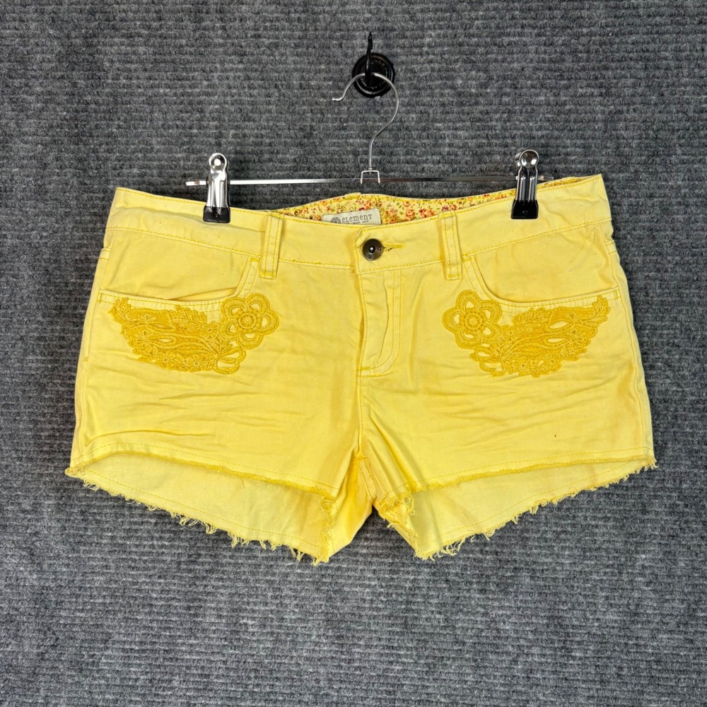Element Eden Yellow Denim Shorts Crochet Lace Trim Boho Frayed Hem Size 27